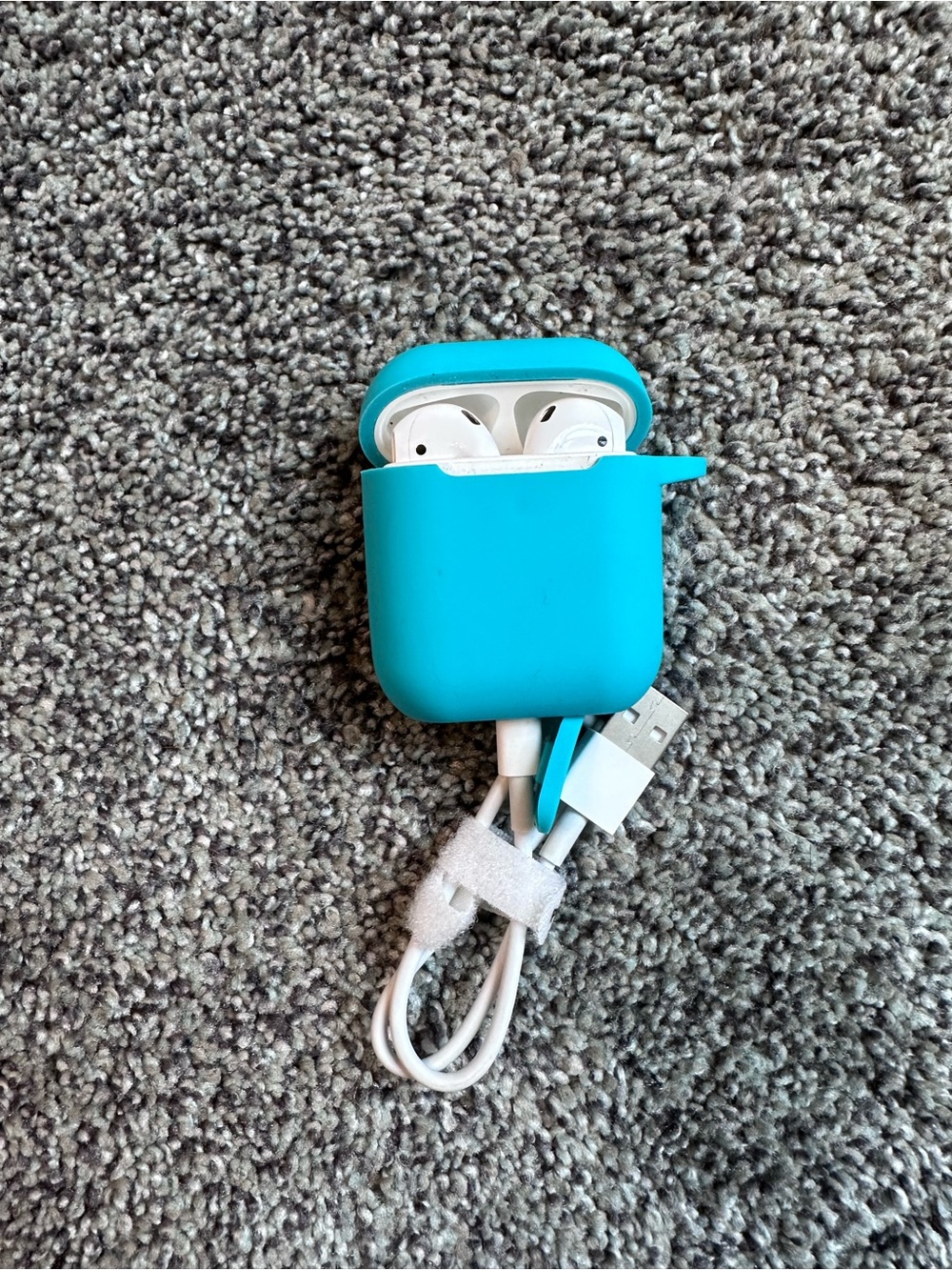 Apple Teal Earbud Case with White Earbuds and Charging Cable- headphones